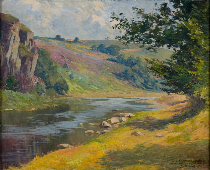 Paul Madeline, Bords de la Creuse (La roche de l'Echo, Crozant) 1899, huile sur toile 38,5 x 48 cm, Annoté b.d : La Creuse à Fresselines : Au souvenir bien cordial de Rollinat La Châtre, musée G. Sand et de la Vallée Noire, © Musée George Sand et de la Vallée Noire